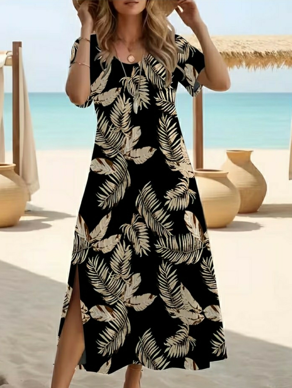 Women's Tropical-Print Maxi-dress, Cream/Black, Size M